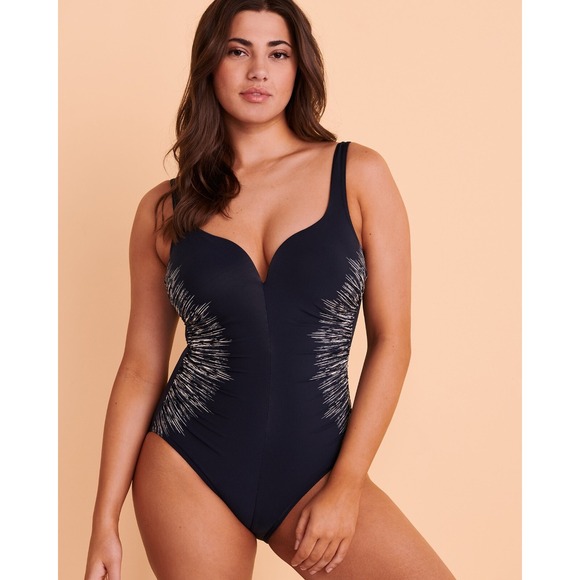 Miraclesuit Silver Shores Temptress Plunge Cleavage Midnight Blue 1 Piece Size 8